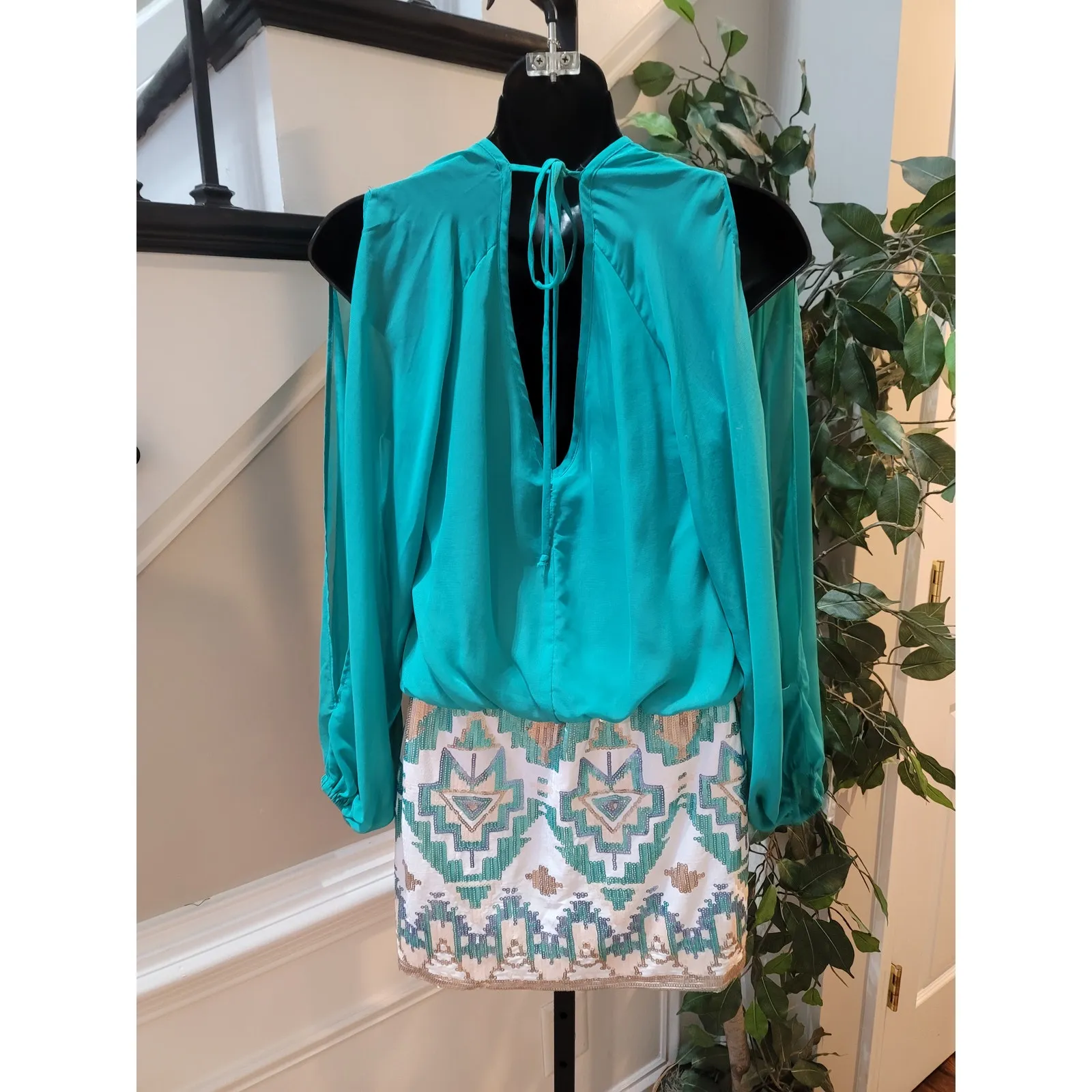 Womens Skirt Dress Medium Teal Sequin Skirt Sheer Sleeves Party Cocktail Blue - Image 6