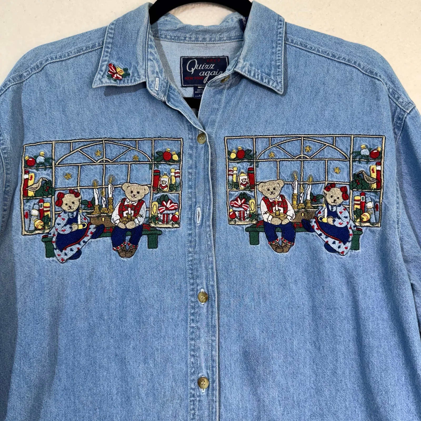 Quizz Again Embroidered Christmas Teddy Bears Long Sleeve Denim VTG Shirt Medium Blue - Image 6