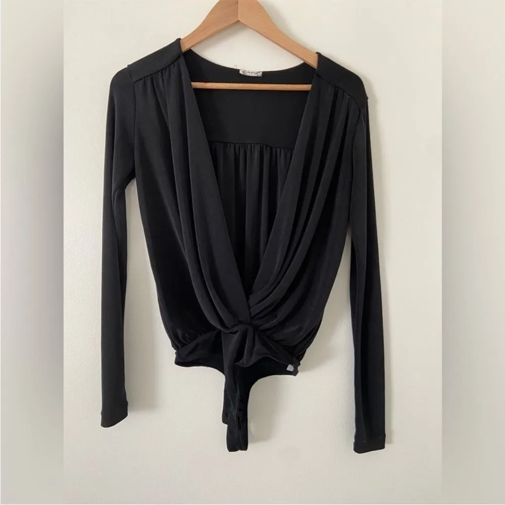 Free People Turnt Surplice-Neck Bodysuit Women's L Black Long Sleeves Pullover - Image 5