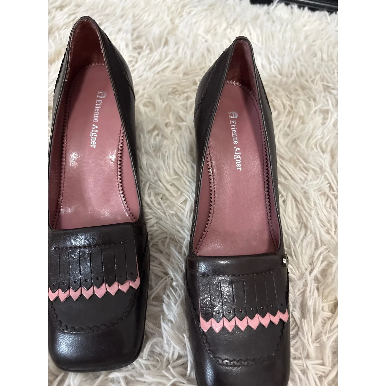 Etienne Aigner Women Dark Brown Leather Square Toe Fringe Block Heel Pumps Sz6 - Image 3