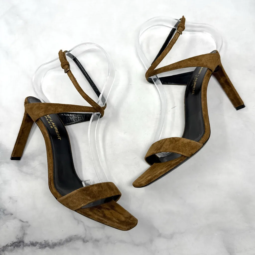 Saint Laurent Bea Bow Suede Square Toe Ankle Wrap Strap Sandal Heels Brown 37 - Image 4