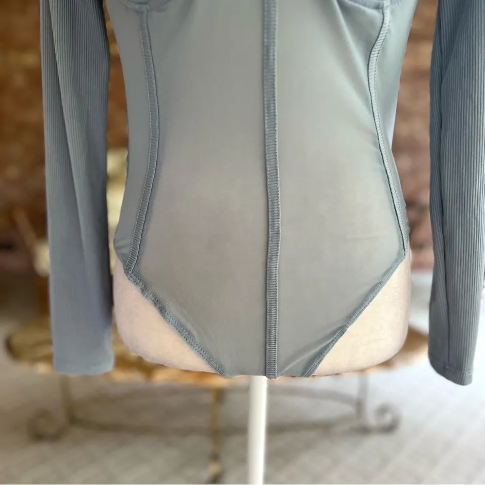 Blashe Bodysuit Molded Cup Blue Mesh Ribbed L Sheer Chic Coquette Size L - Image 5