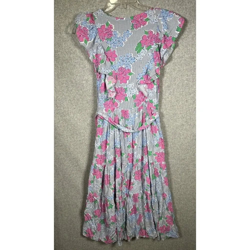 Crown & Ivy Midi Dress Size 2 Womens Floral Pink Blue Striped Frilly Ruffle - Image 14