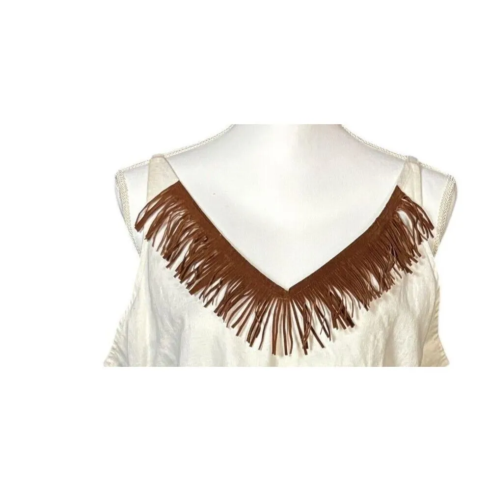 Vintage Sleeveless Top Size XL Beige White Boho Fringe Beads Western Festival Tan - Image 6