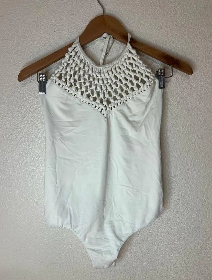 Billabong  seashell white macrame halter low back one piece swimsuit NEW large - Image 2