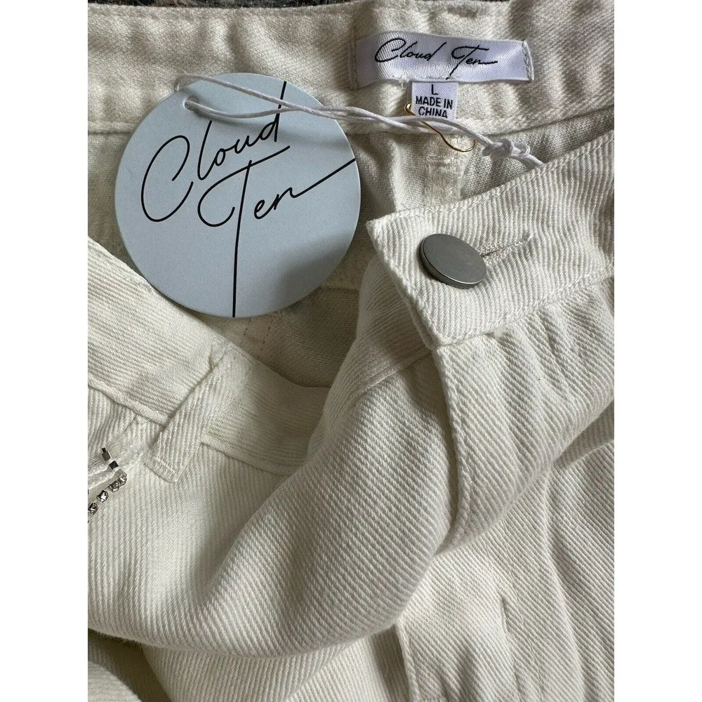 Cloud Ten White Denim Rhinestone Fringe Cuffed High Waisted Shorts Large NEW - Image 10