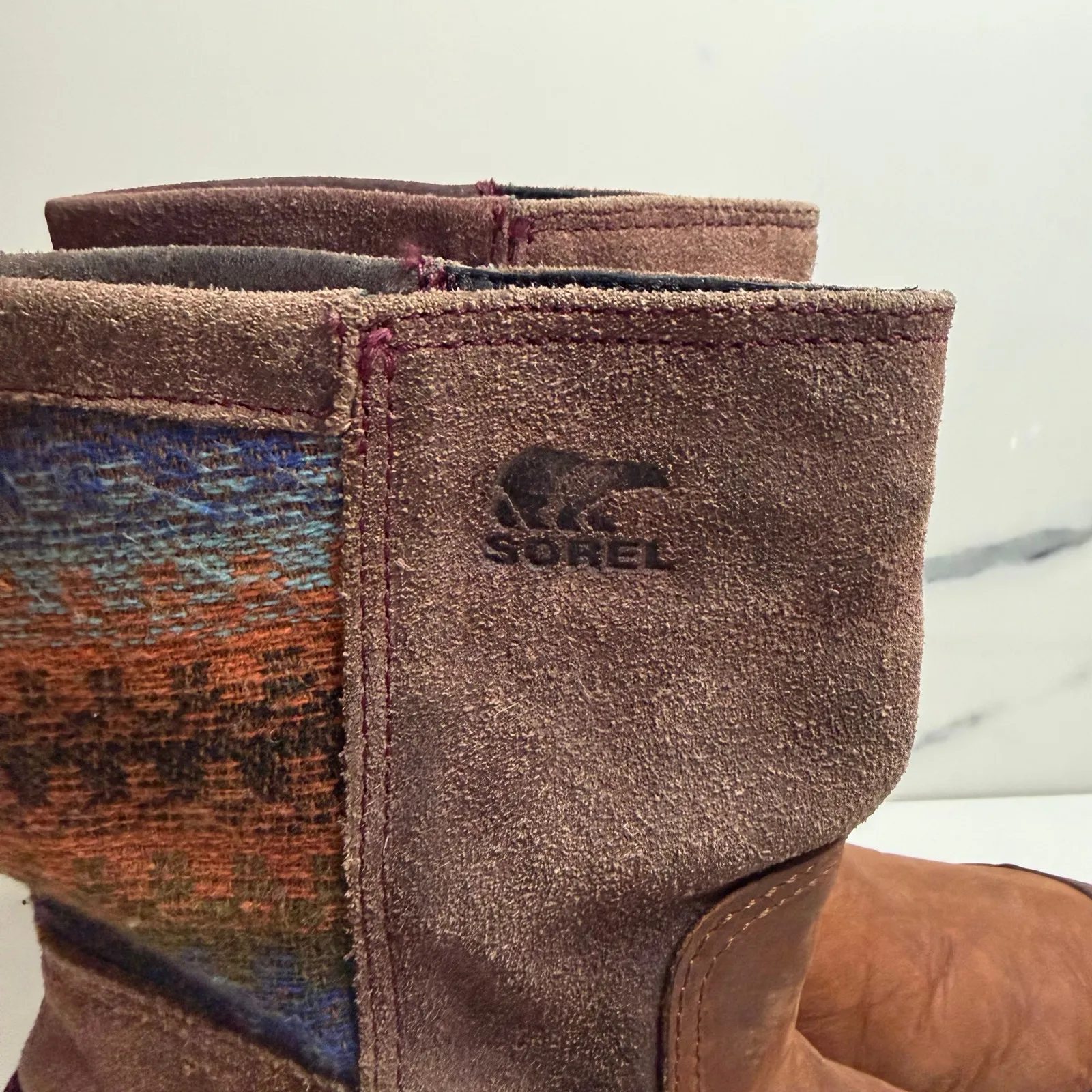 Sorel Wmns Brown Waterproof Leather Slimshortie Chevron Boot Sz 7 Blanket Style - Image 2