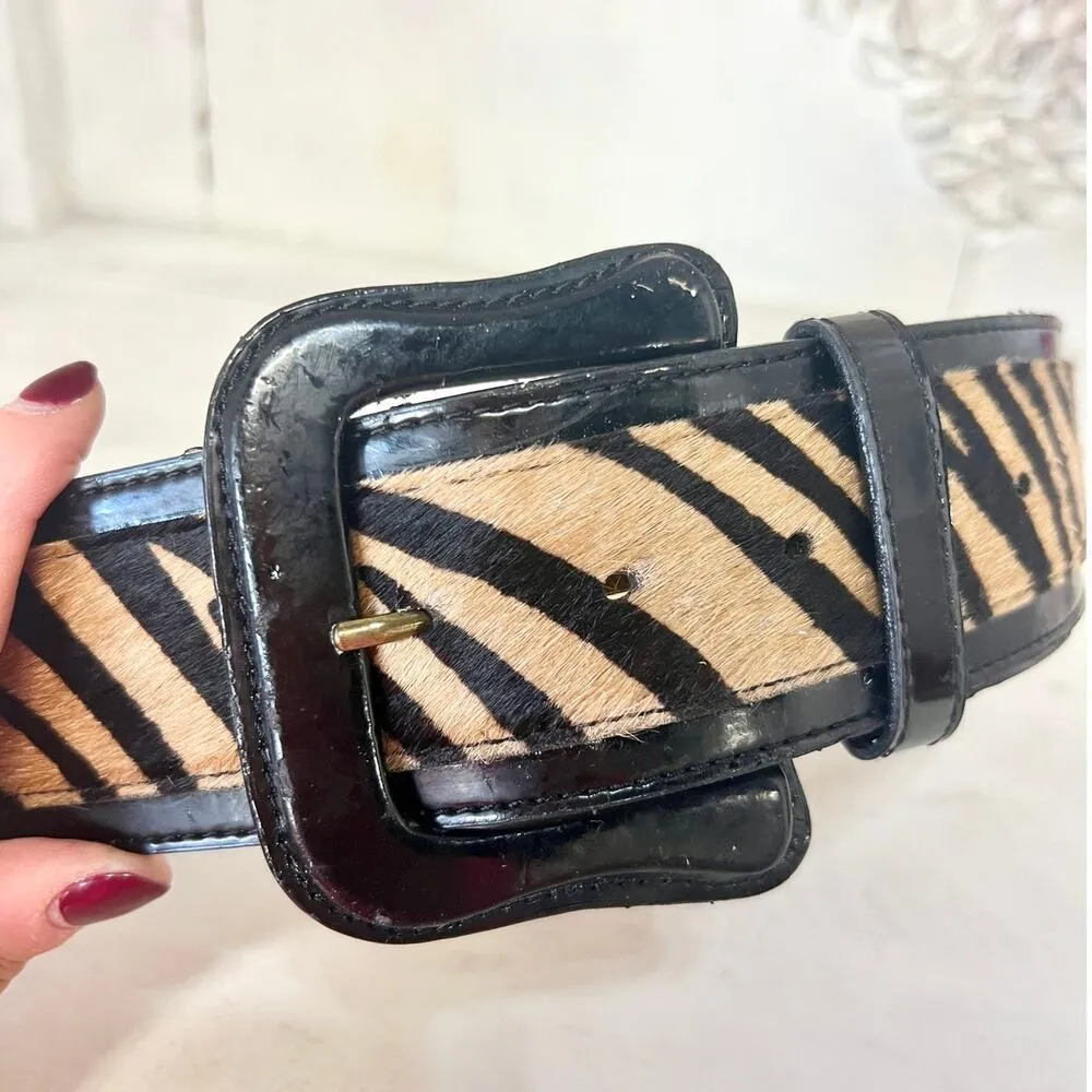 Via Spiga Genuine Leather Tiger Striped Adjustable Waist Belt Beige/Black Small - Image 6