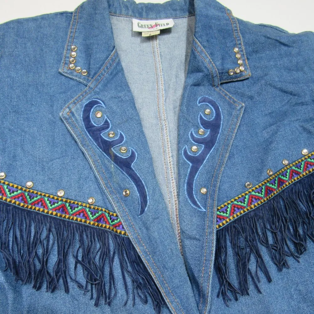 Vtg Green Field Southwestern Fringe Modest Western Boho Jeweled Denim Blazer M Blue Size M - Image 10