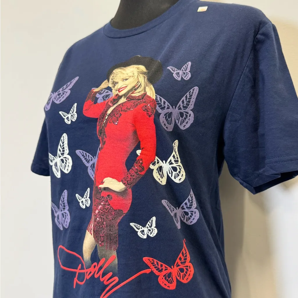 Dolly Parton “Butterflies & Red Dress” Graphic Tee – Size Small Blue - Image 6