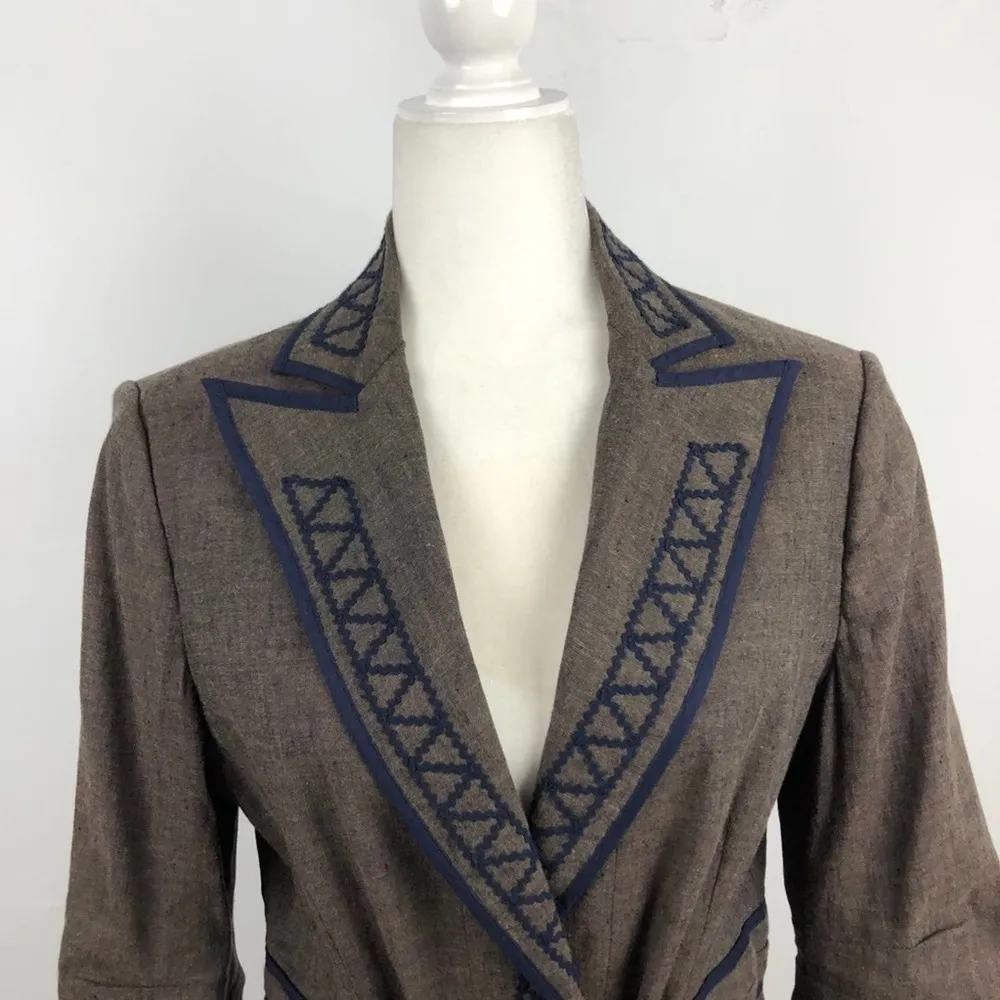 BCBGMAXAZRIA Linen Brown/Navy Embroidered Jacket L - Image 2
