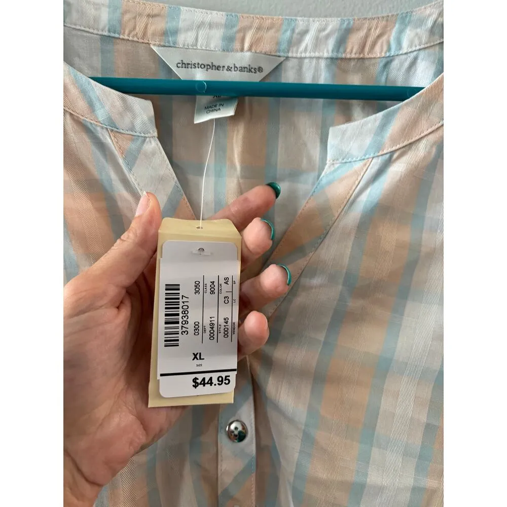Christopher & Banks Womens Plaid Popover Blouse Size XL Pastel Beachy Coastal - Image 5