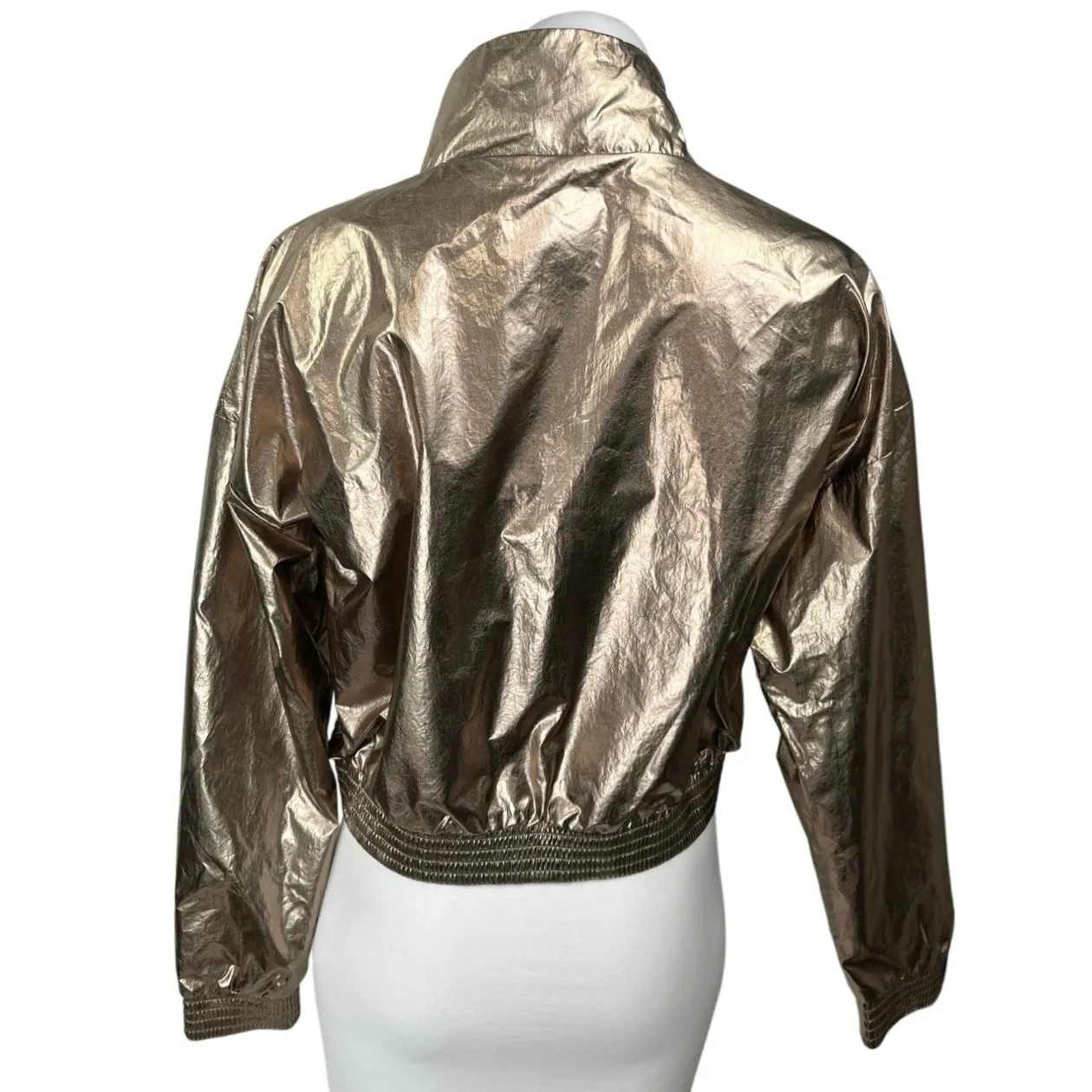 Victoria Sport Women's Gold Metallic Zip Up High Neck Crop Bomber Coat Jacket XS - Image 2