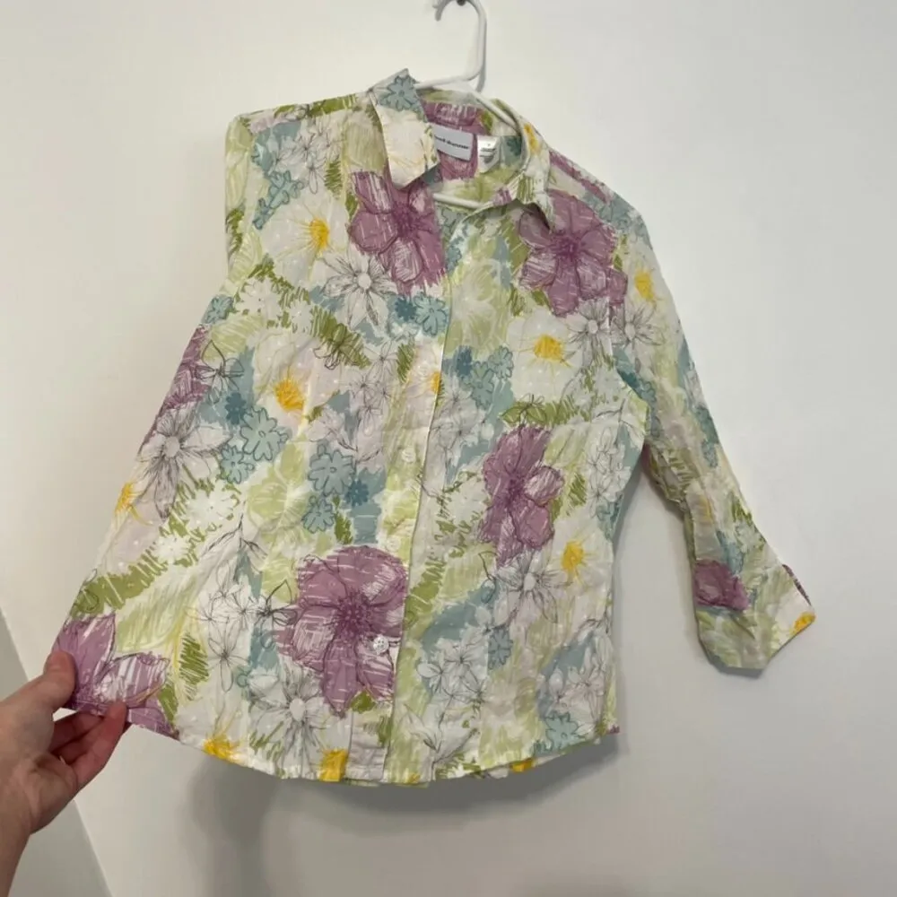 ALFRED DUNNER White Green Purple Floral Swiss Dot 3/4 Sleeve Cotton Button Down - Image 8