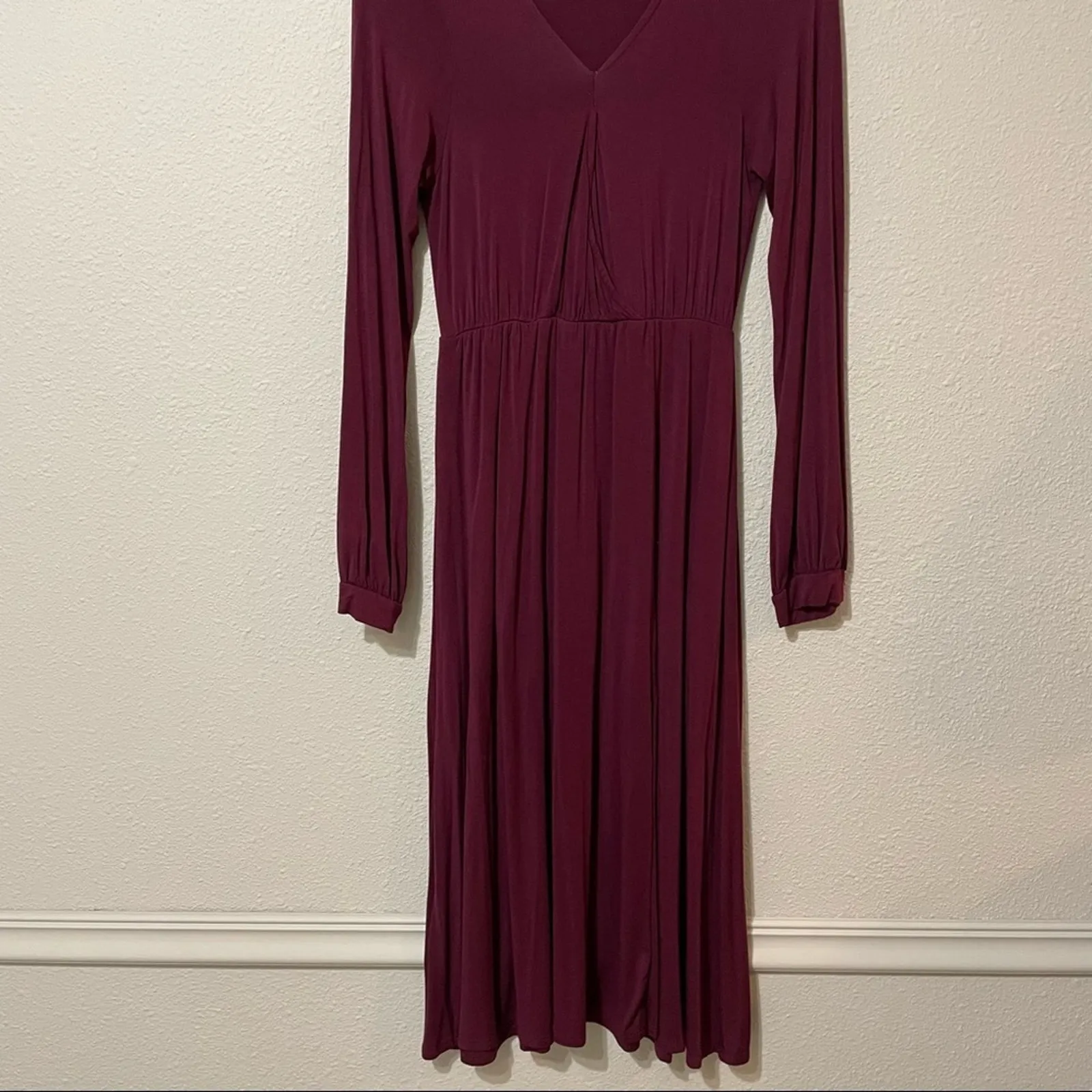 Lulus Burgundy Long Sleeve Wrap Front Midi Dress Womens L Boho Fall Bridesmaid - Image 4
