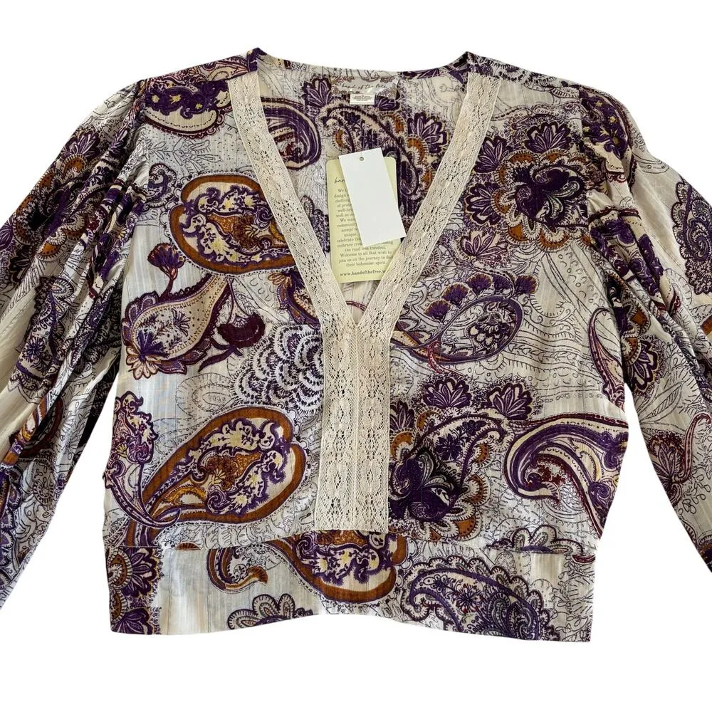 Band of the Free Mirabelle Cream Purple Paisley Boho Lace Crop Top Blouse Small - Image 2