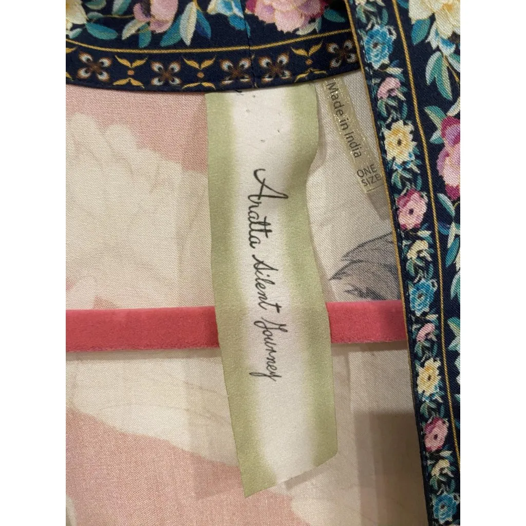 Aratta Silent Journey Kimono Cardigan Womens One Size Orange Crane Floral Trim Pink - Image 3