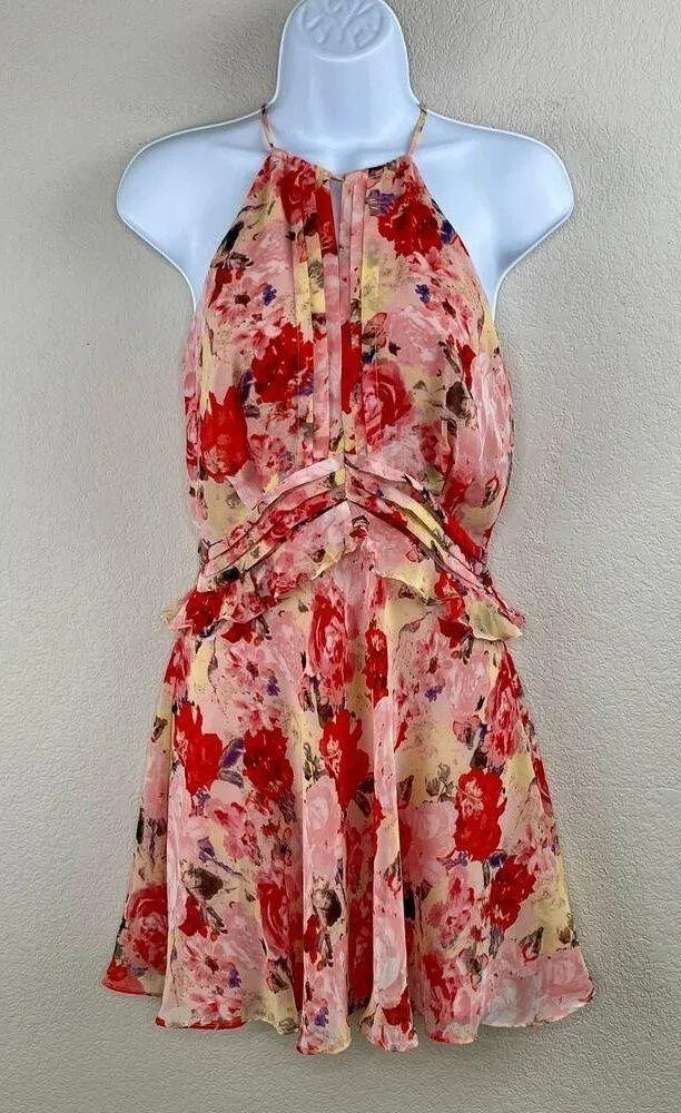 Floret Studios Pink Multi Floral Chiffon Ruffle Halter A-Line Mini Dress XS NWOT - Image 13