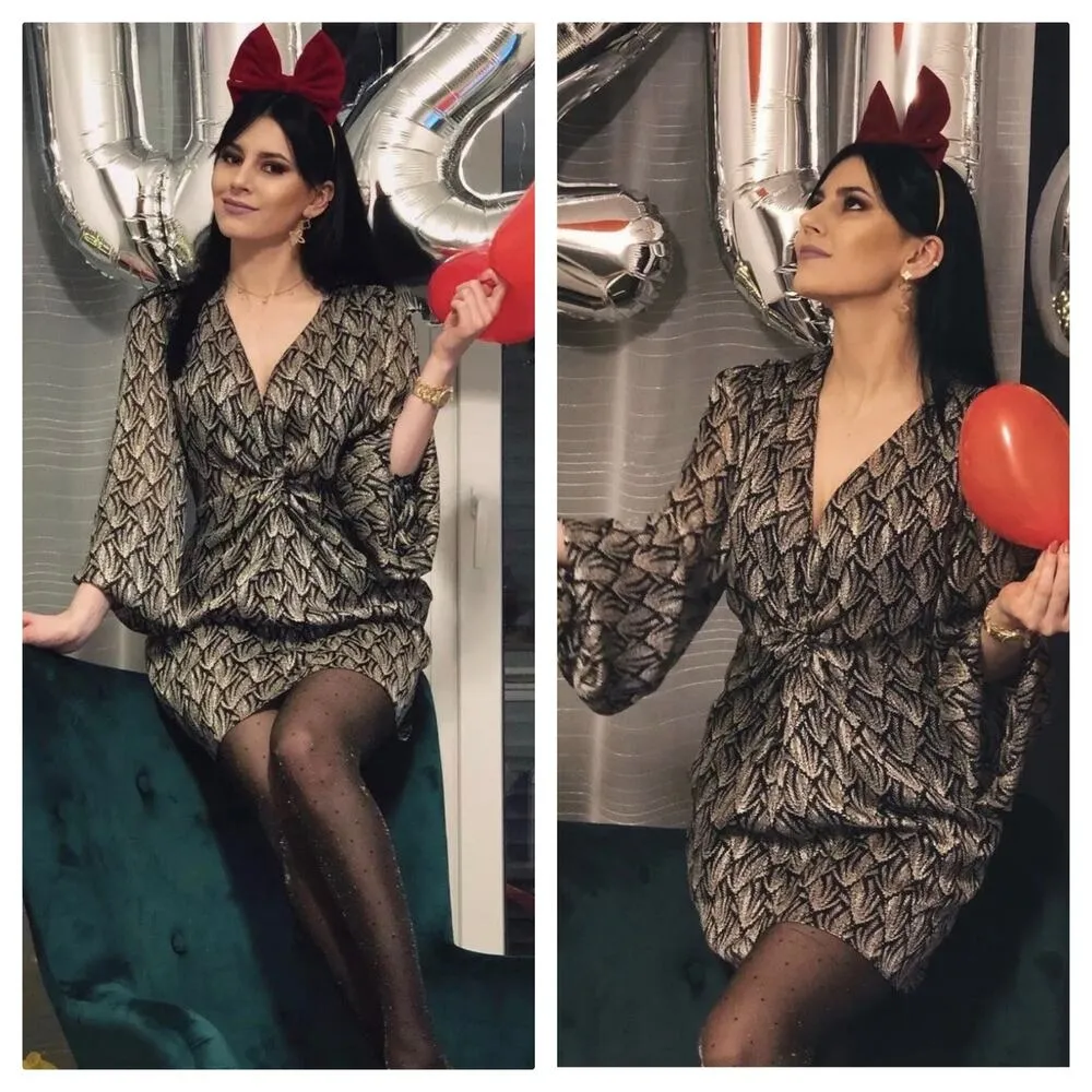 Zara Mini Dress 70s Gray Black Knotted Metallic Thread Draped Large 8677/067 - Image 10