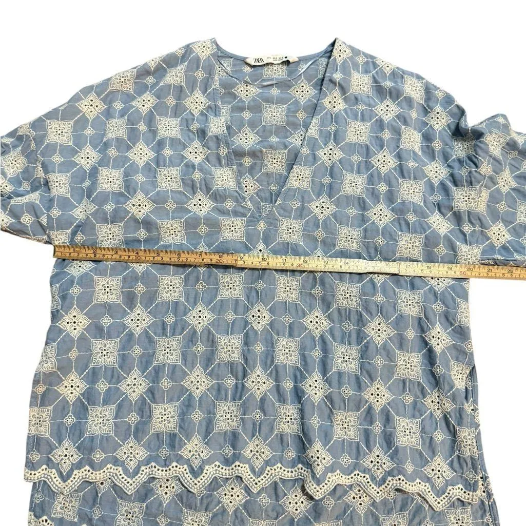 Zara Blue & White Floral Embroidered Boho Eyelet Linen Blouse Women Sz S - Image 10