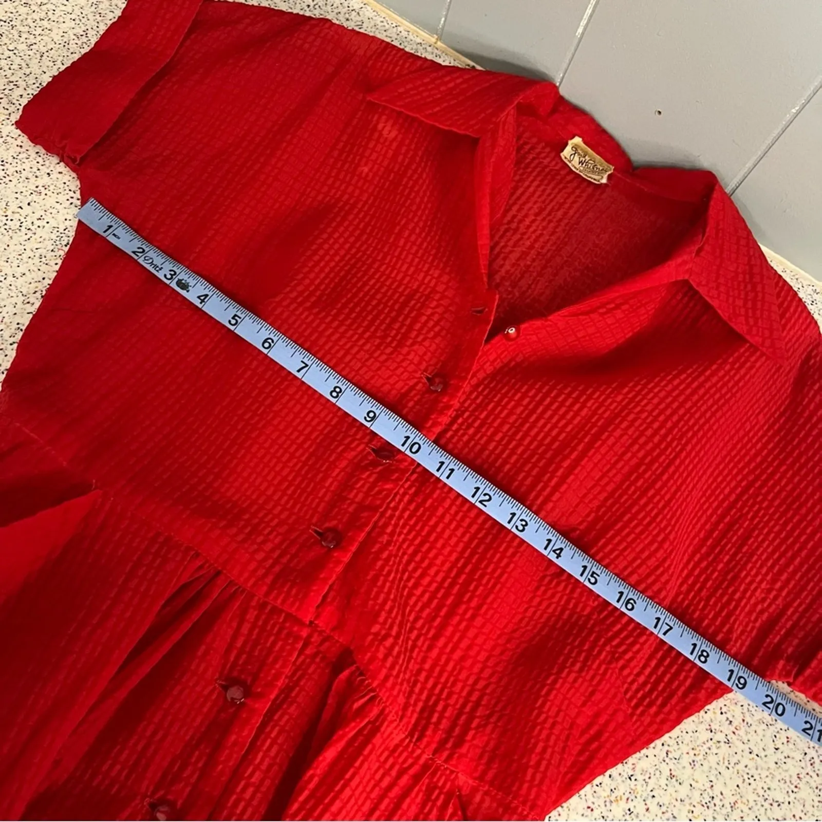 Vintage 1940s Gail Whitney Button Up Midi Dress Sheer Textured Cherry Red Size 6 - Image 7