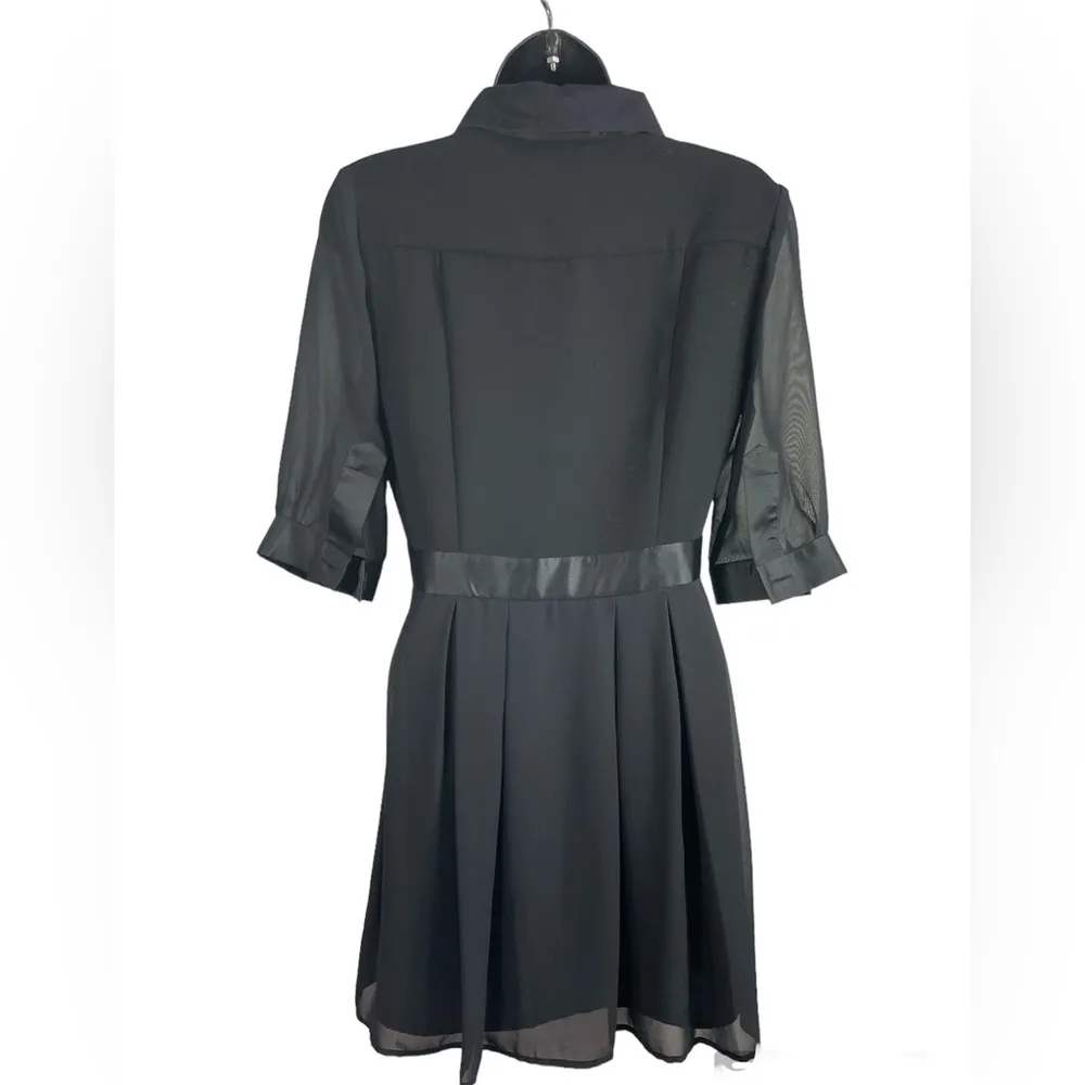 LBD sheer silky retro pleated skirt button down collared classic dress Black Size undefined - Image 2