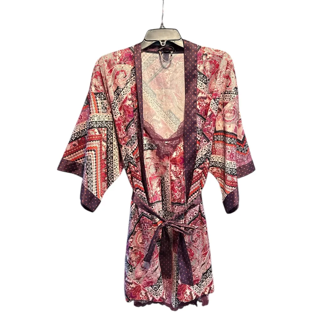 Victoria's Secret Patchwork Satin Robe Chemise Set Burgundy Cream L M/L - Image 3