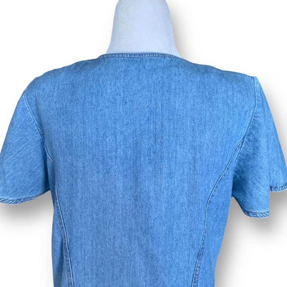 Vintage California Gold Rush Denim Midi Dress Short Sleeve Button Front Vneck Blue Size M - Image 7