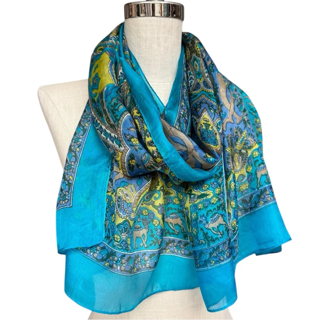 Vintage Pure Silk Crepe Batik Print Scarves Set of 2 Teal Blue Animals Paisley - Image 5