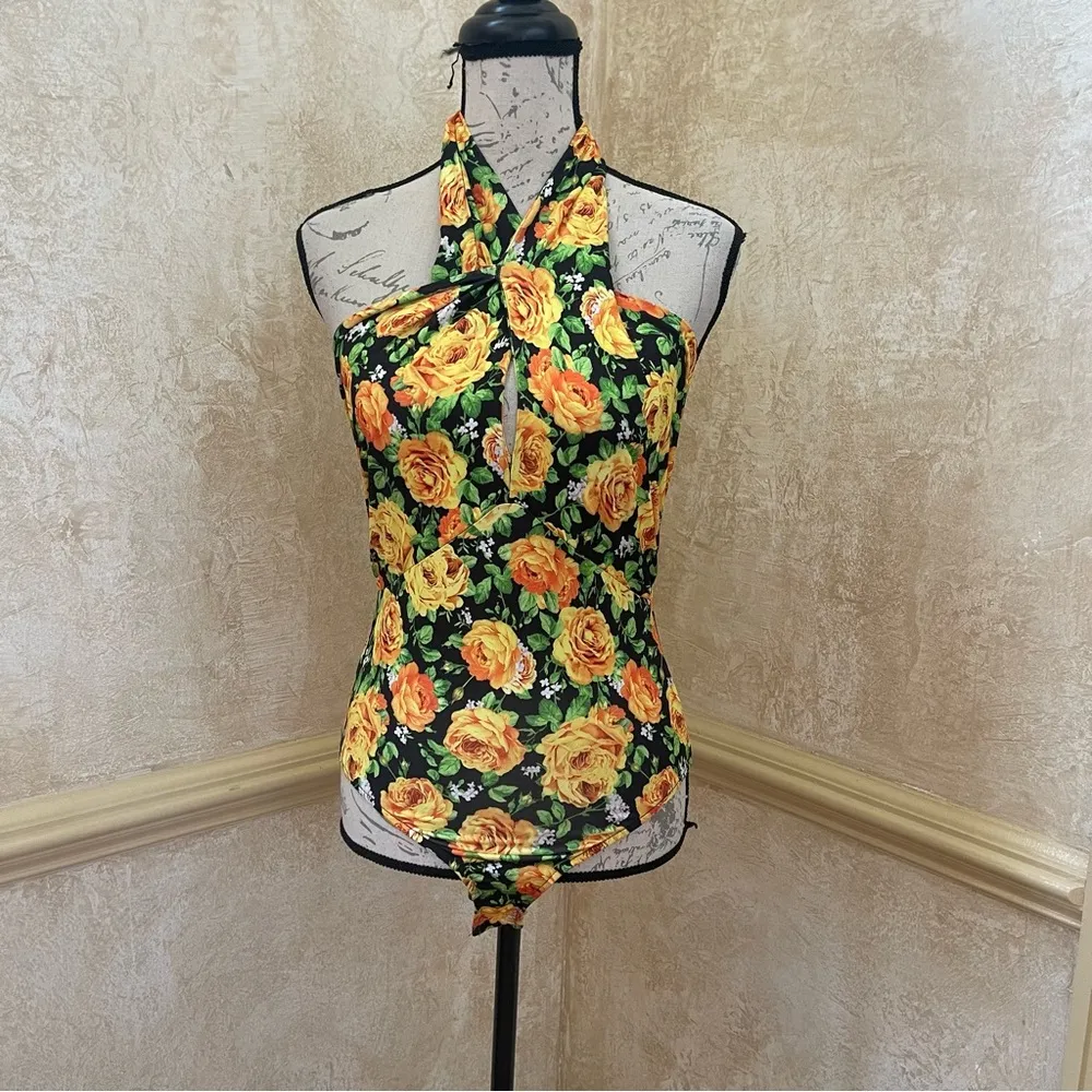 Zara Twist Neck Floral Halter Top Bodysuit Small Yellow Green Floral Sz M - Image 6