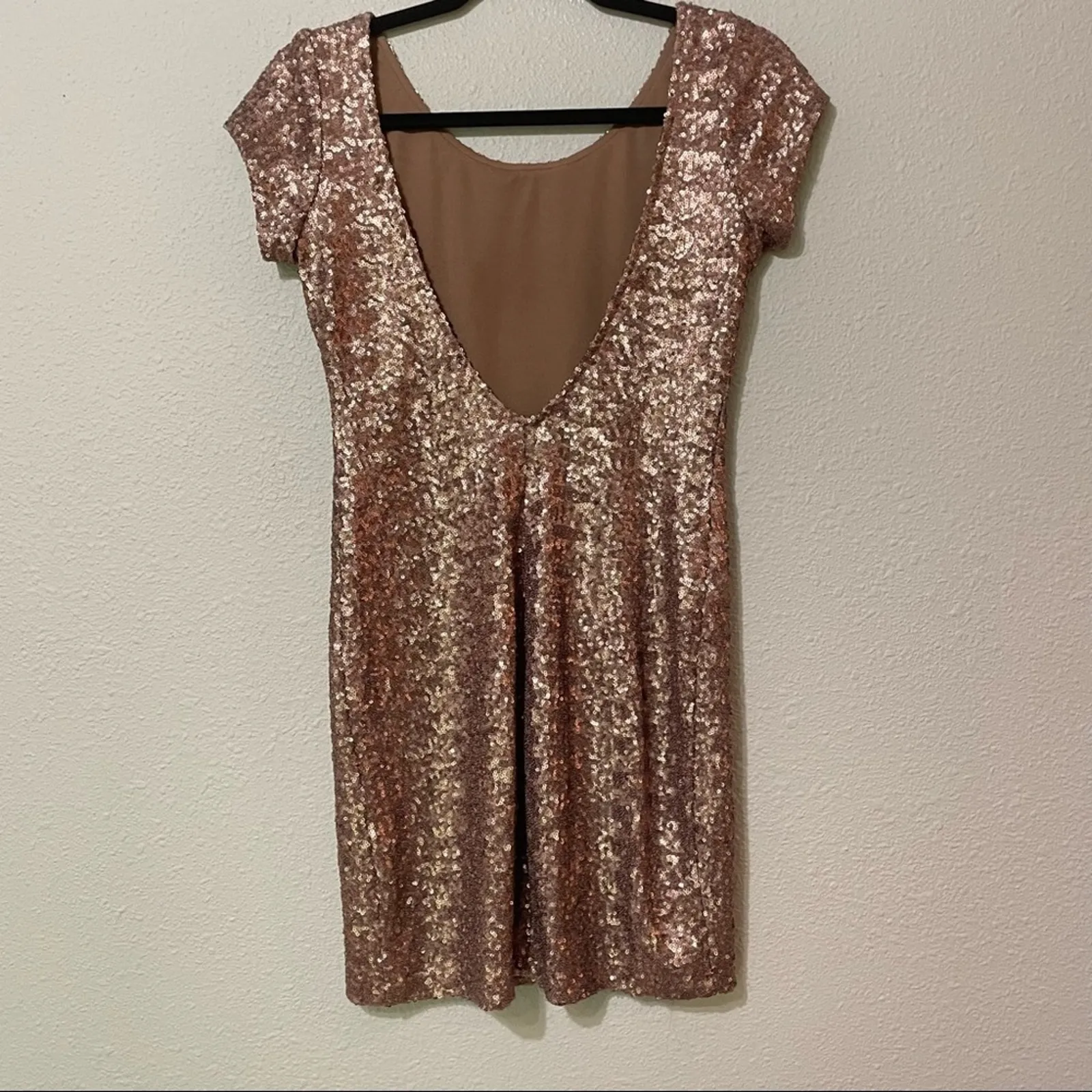 Free People Backstage Rose Gold Sequined Short Sleeve Bodycon Mini Dress Women S - Image 8