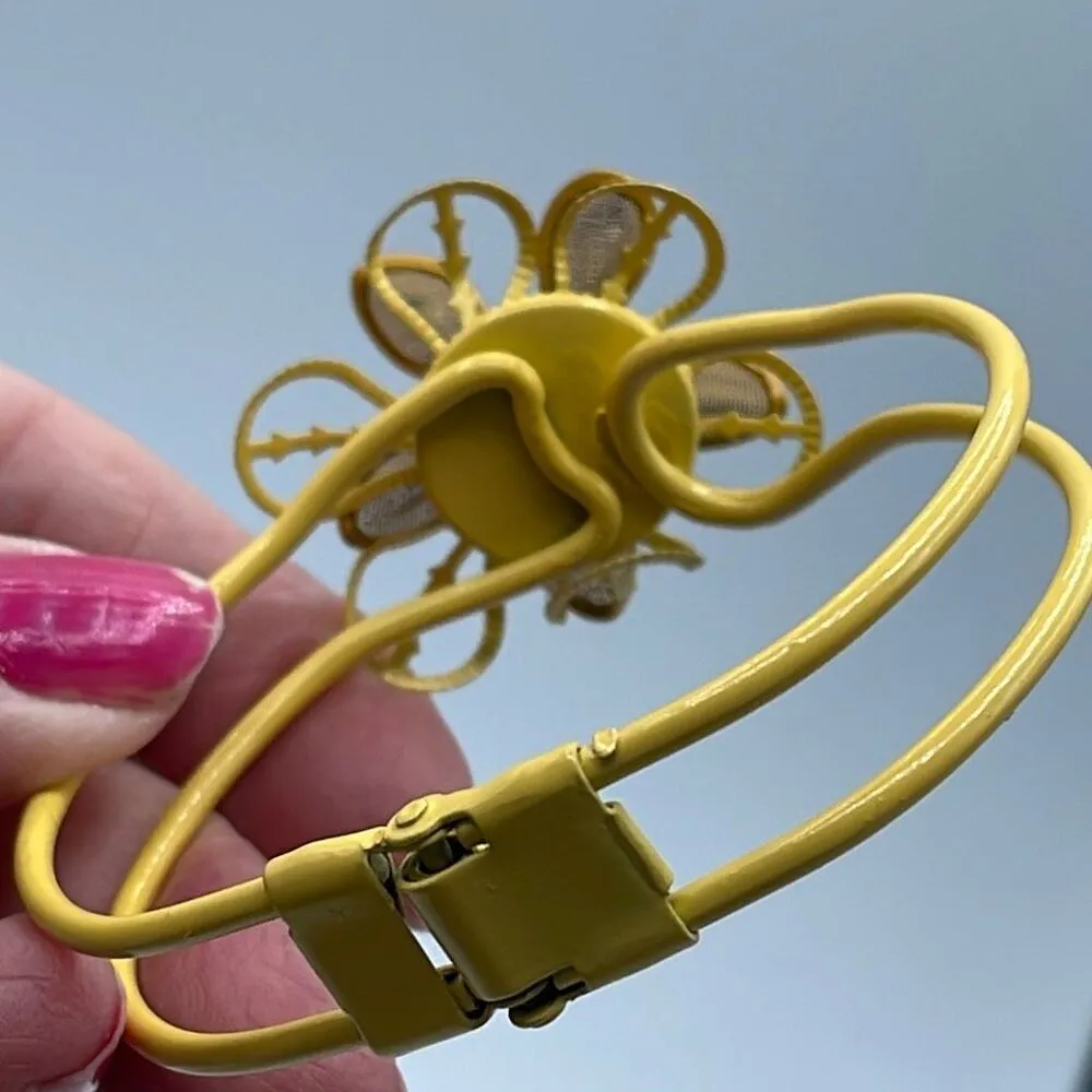 Vintage mustard metal cuff bracelet with rhinestone flower. Gold - Image 5