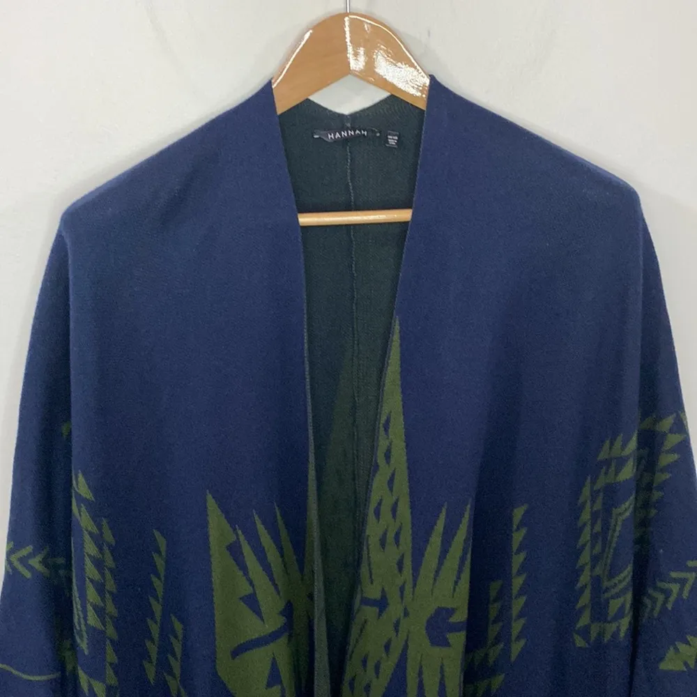 Hannah navy and moss green aztec knit poncho Blue - Image 3