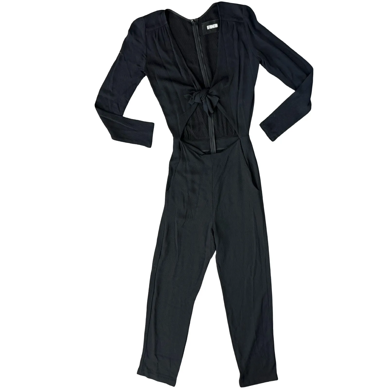 Reformation Black Ferris Textured Cut Out Tie Front Long Sleeve Jumpsuit size 0 - Image 14