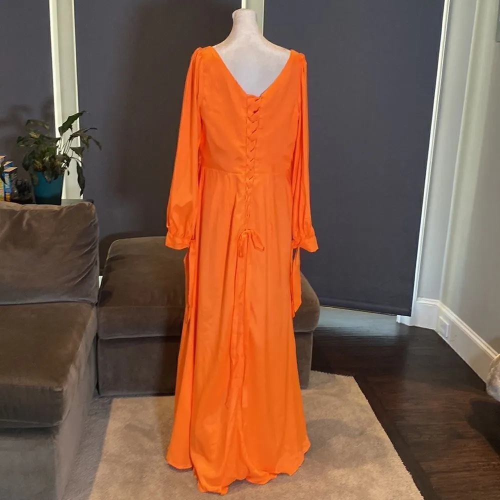 Women’s Orange Full Length Long Sleeve Dress Leg Slit Corset Back Size 14 *READ - Image 6