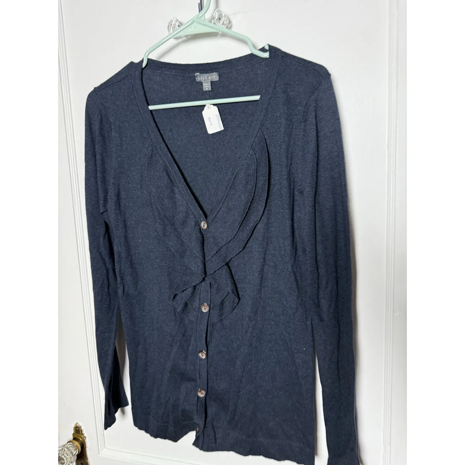 Lilla P Navy Blue Ruffle Cashmere Blend Button Cardigan Sweater Women's SM NEW - Image 7