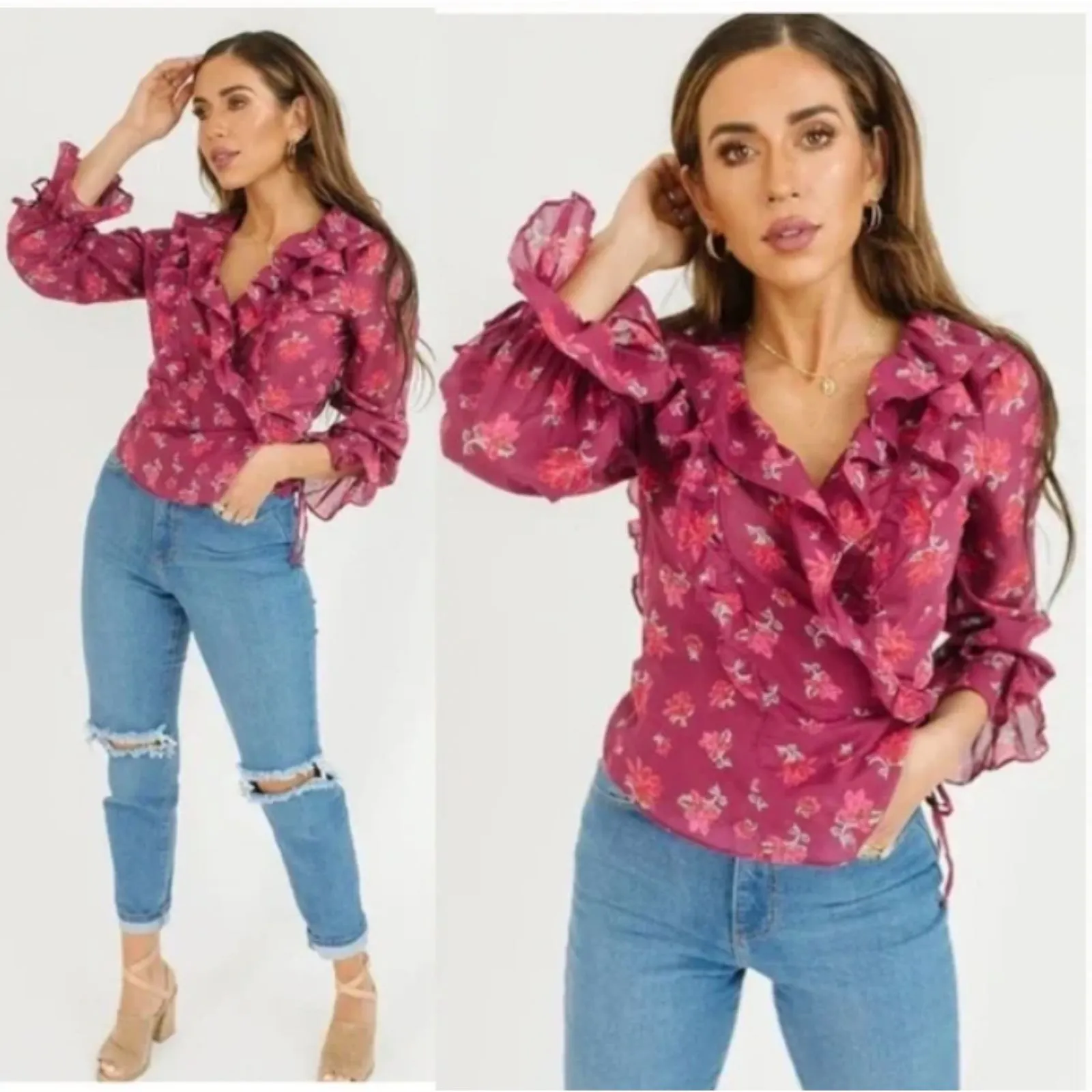 NWT Free People Amanda Ruffle Wrap Top Floral Sultry Combo Magenta Size XS‎ - Image 2