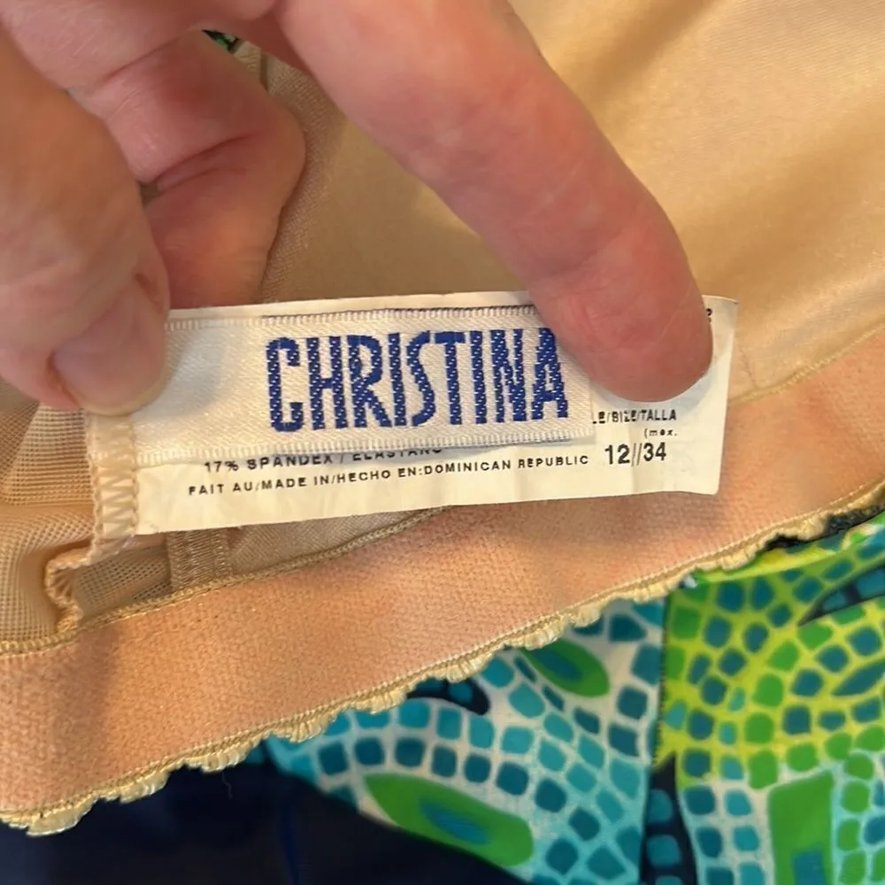 Christina size 12/34 one piece green and blue drapey front swimsuit GUC - Image 4