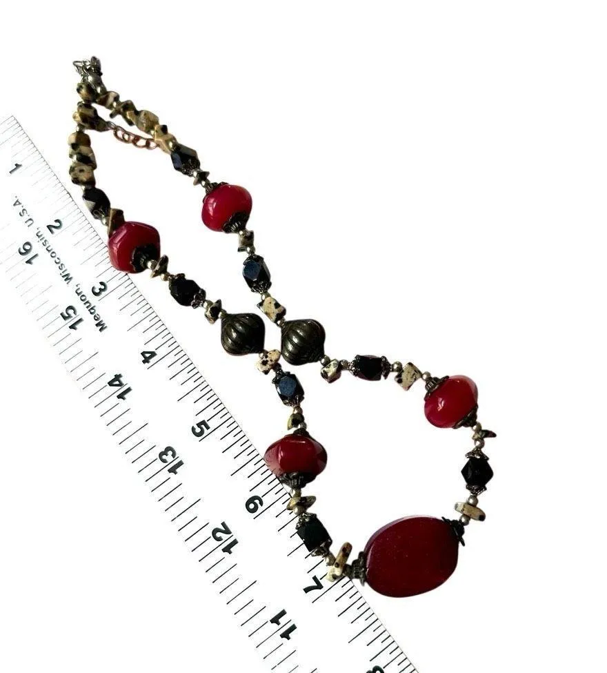 Boho Dalmatian Jasper & red Beaded Necklace - Image 9