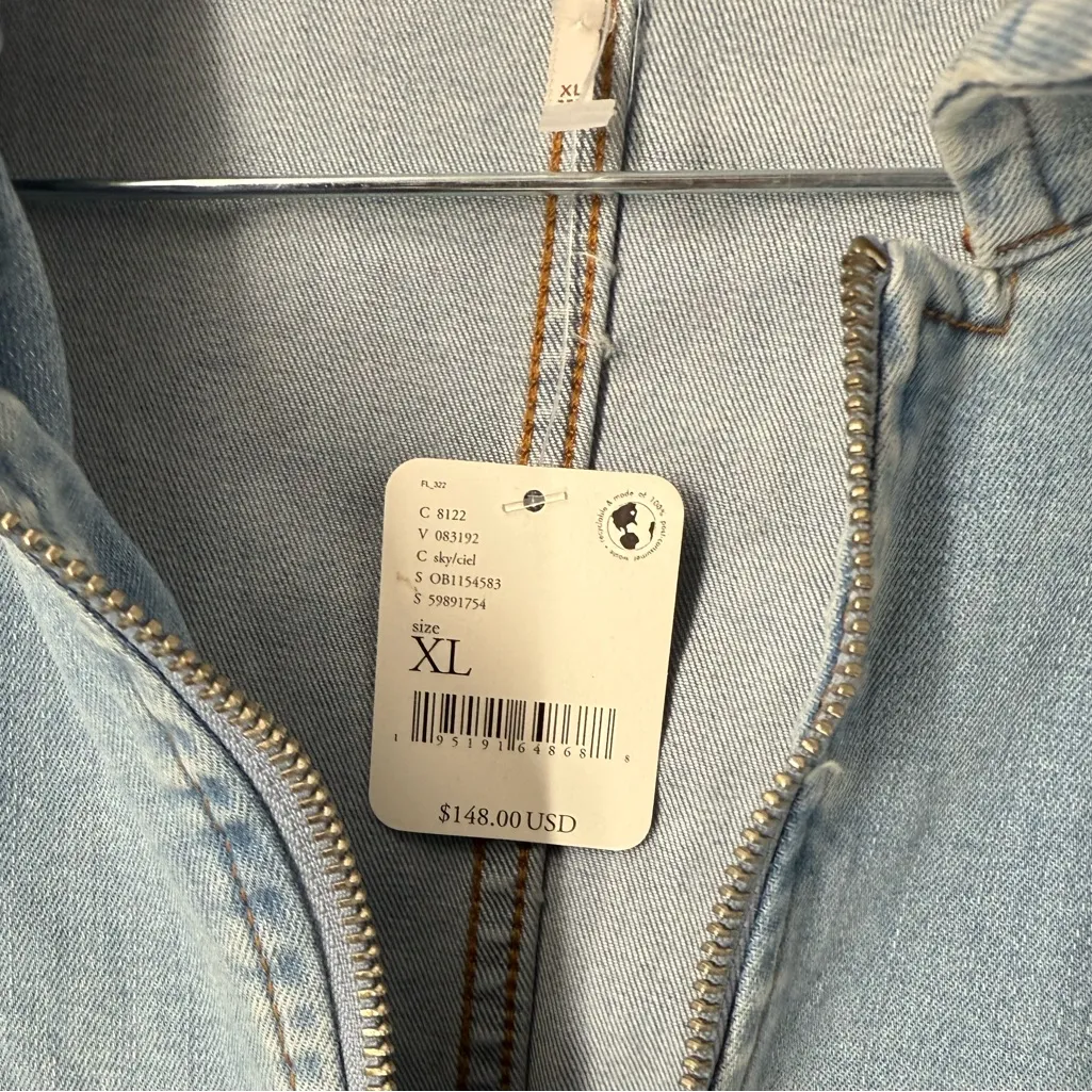 Free People Women's New Lennox Zip Front Denim Jumpsuit Light Wash Size XL‎ - Image 4