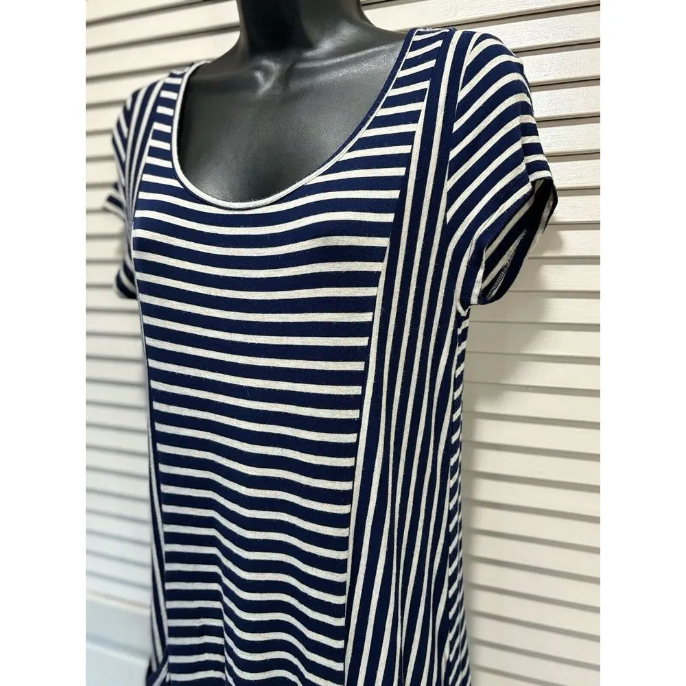 Roller‎ Coster Navy/Gray Striped Midi Dress Size M Short Sleeve Pockets - Image 2