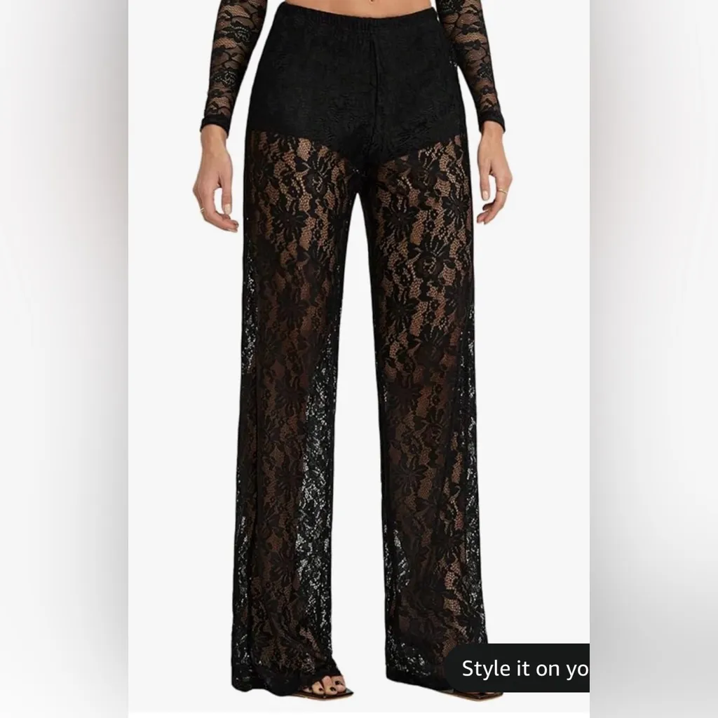 GORGLITTER Women's Lace Bell Bottom Pants /Mesh Flare Leg /High Waisted Sheer - Image 4