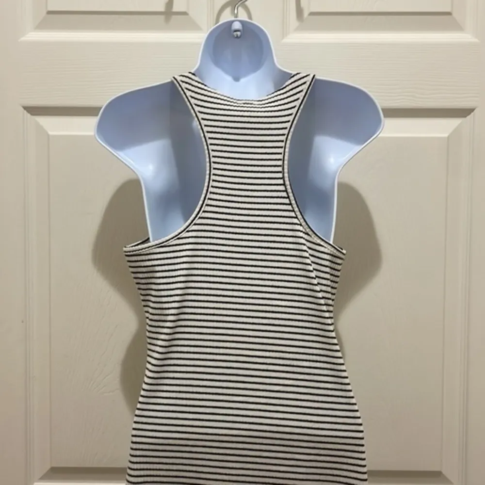 Flawless Black and White Striped Ribbed Racer Back Midi Dress - Image 3