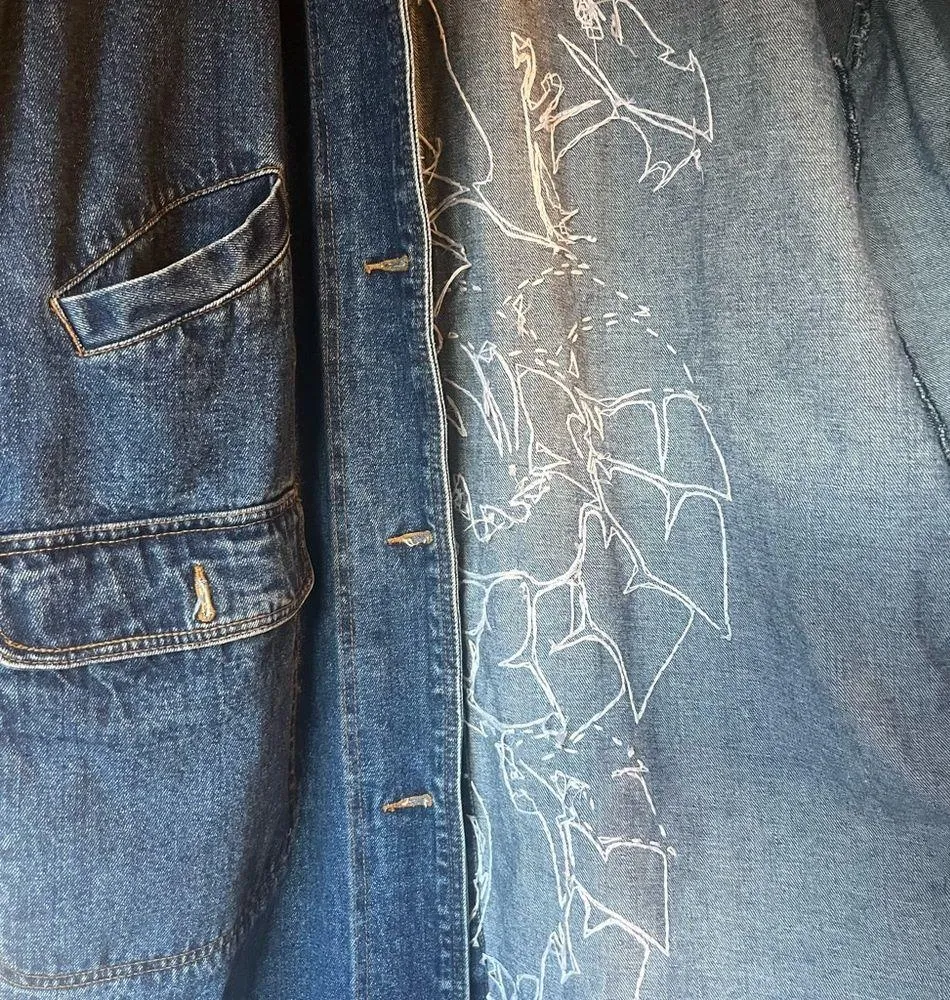 Vintage hand embroidered denim trench Size XL - Image 5