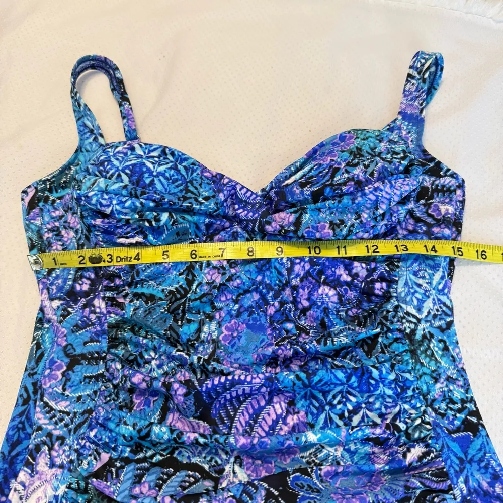 Trimshaper Floral One Piece Swimsuit Women’s Size 14 Ruching Detail Purple Blue - Image 10