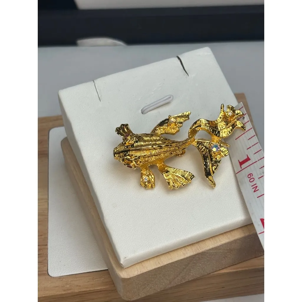 Vintage signed GRAZIANO Ocean Fish Rhinestone Brooch Gold - Image 8