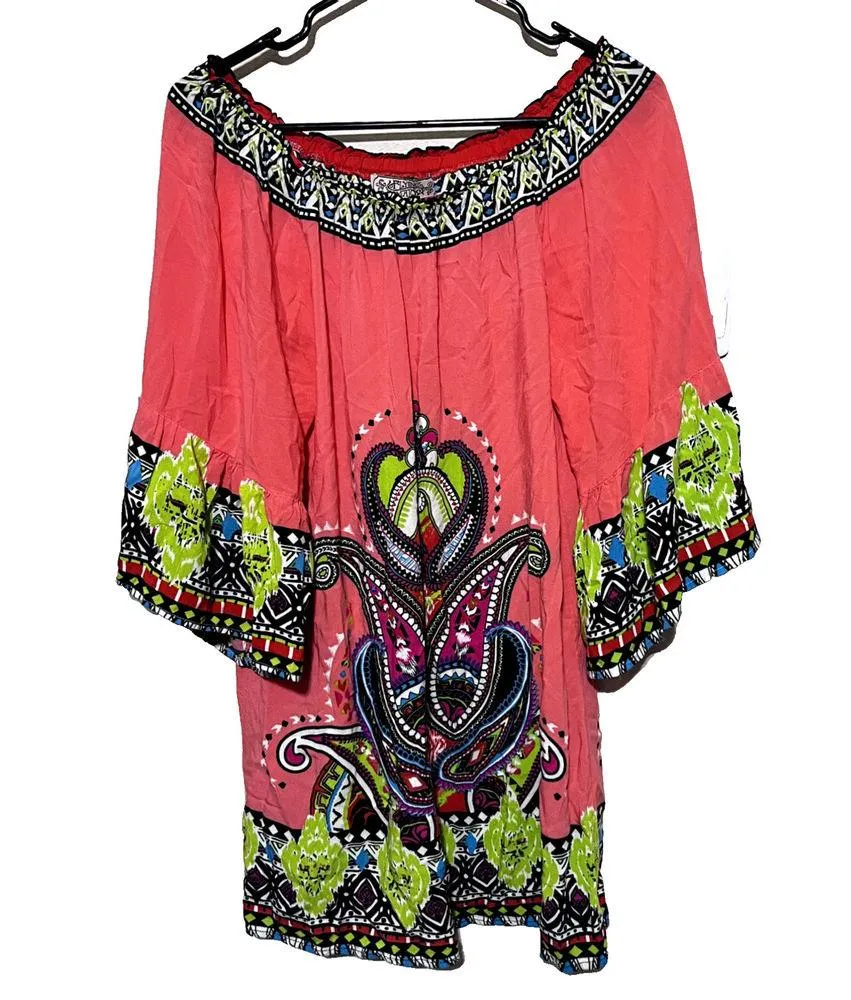 Flying Tomato Off Shoulder Mini Dress Womens sz L Floral 3/4 Bell Festival Boho - Image 2