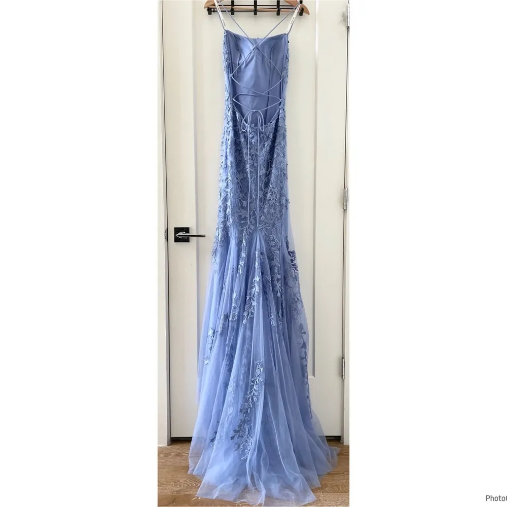 Sherri Hill Blue Lace Evening Gown Mermaid Medium Tail Prom Dress Party Size 6 - Image 5