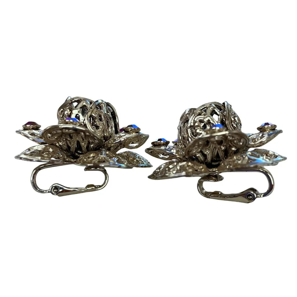 Vintage 60s Signed Sarah Coventry Filigree Red AB Clip On Flower Earrings Silver - Image 4