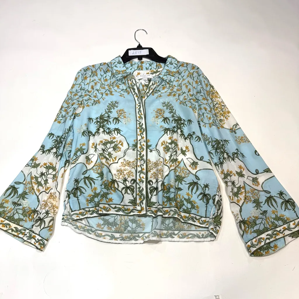 Derek Lam  Placed Print Button Up blue Shirt Size 12 - Image 3